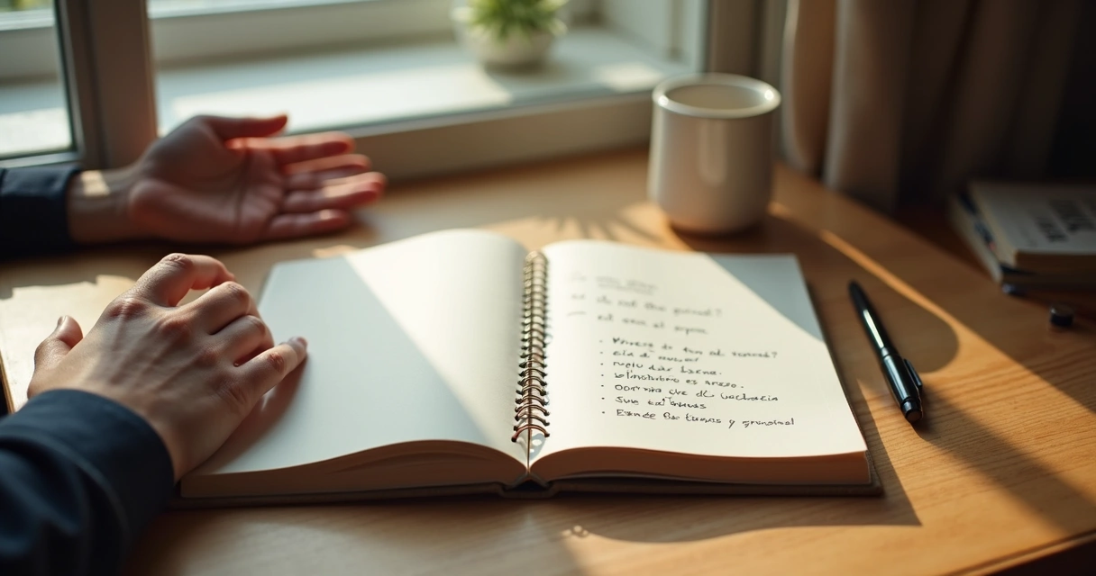 Caderno aberto ao lado de mãos em pausa de respiração consciente 