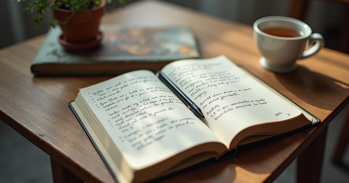 Caderno aberto com anotações emocionais e xícara sobre a mesa 