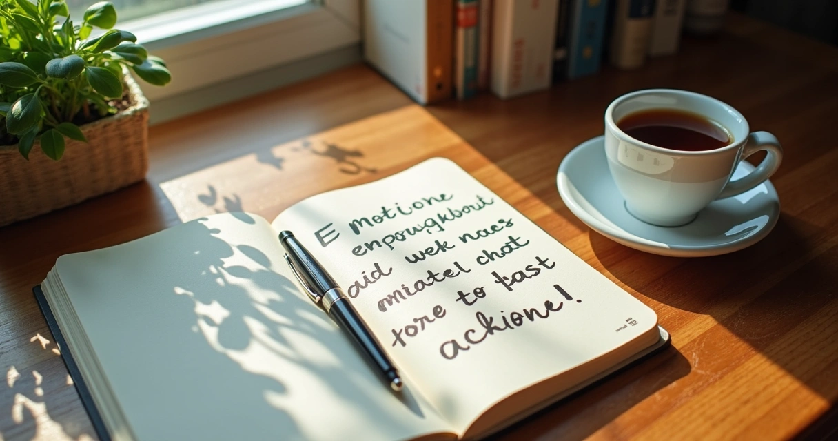 Caderno aberto com anotações sobre emoções ao lado de xícara de café