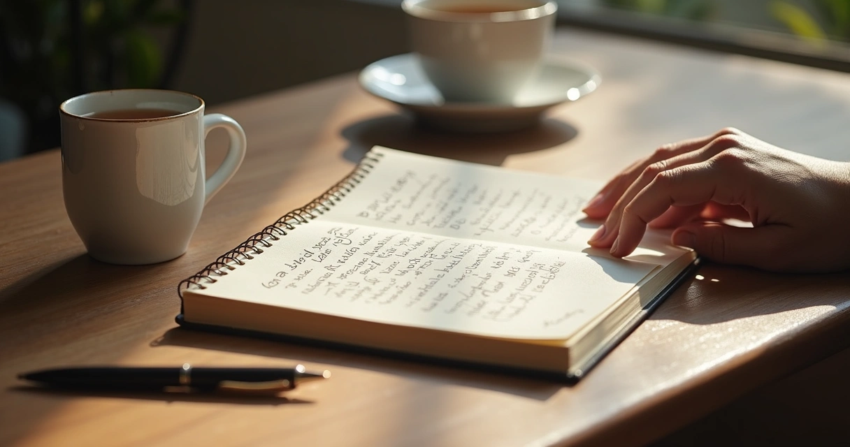 Caderno aberto com anotações emocionais sobre uma mesa 
