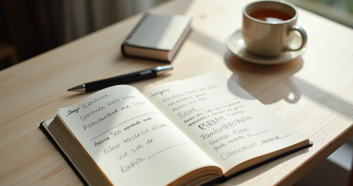 Caderno aberto com anotações emocionais sobre uma mesa