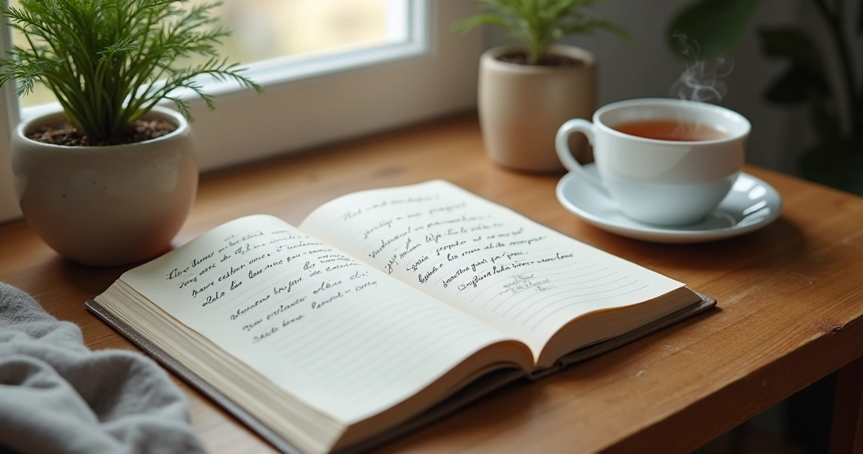 Caderno aberto com anotações emocionais sobre uma mesa 