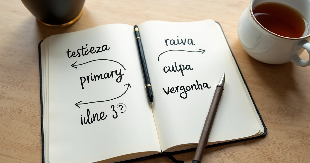 Caderno com anotações emocionais e xícara sobre mesa clara