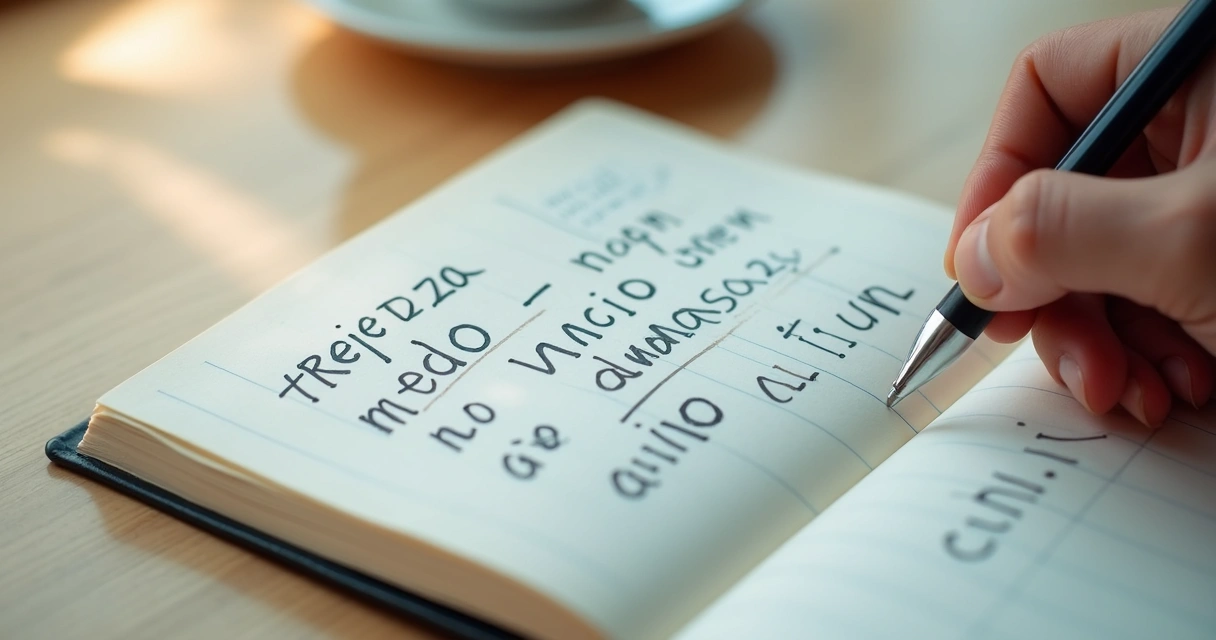 Caderno aberto com palavras emocionais e mão escrevendo 