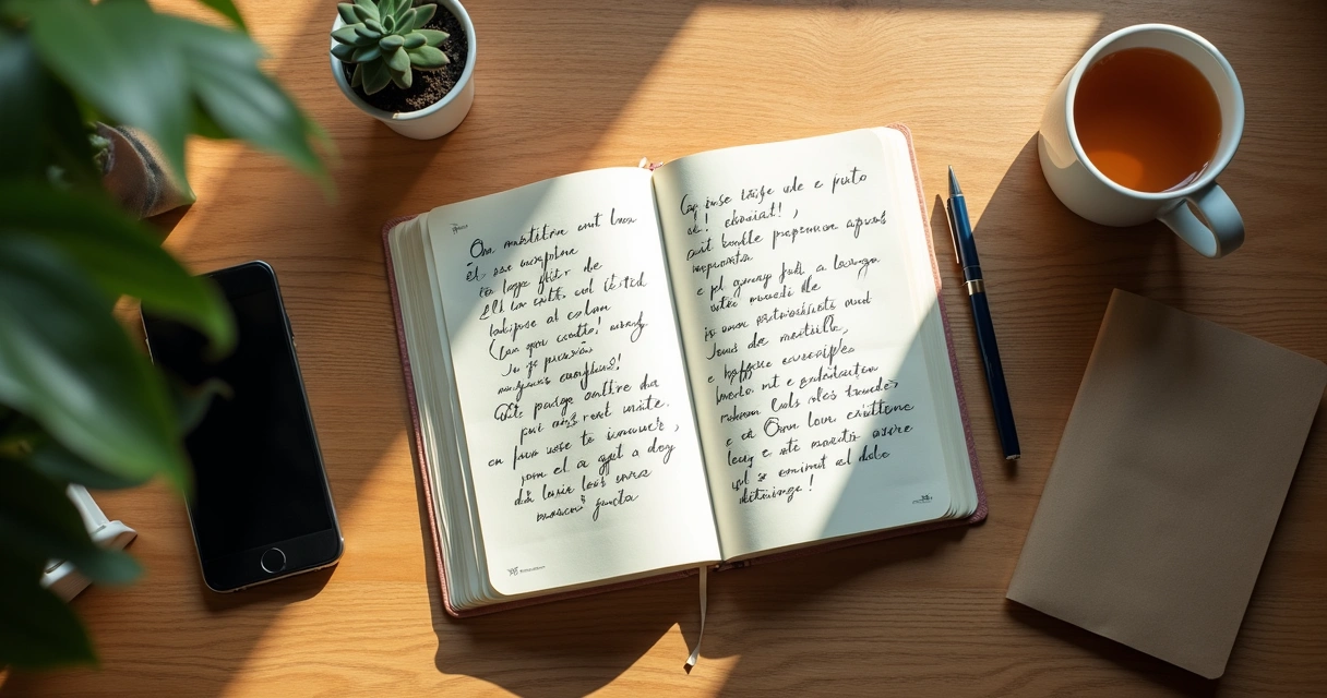 Caderno com anotações emocionais e xícara sobre a mesa 