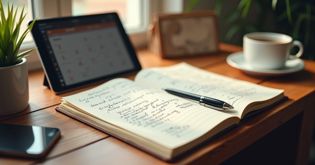 Caderno aberto com anotações escritas à mão e caneta ao lado. 