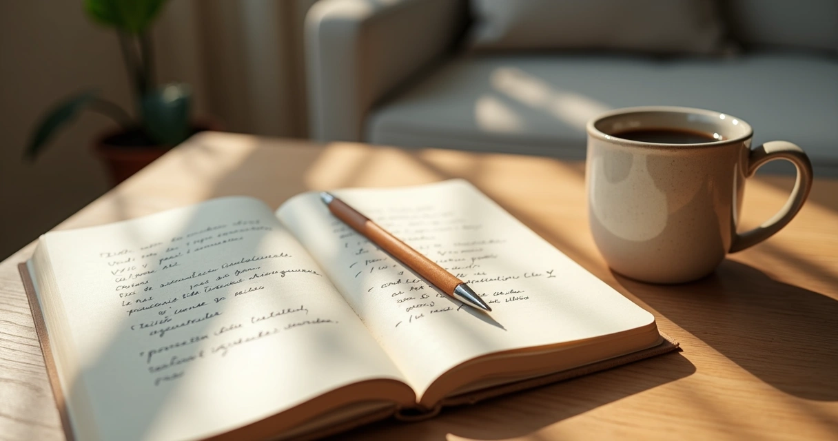 Caderno com anotações emocionais ao lado de uma xícara de café
