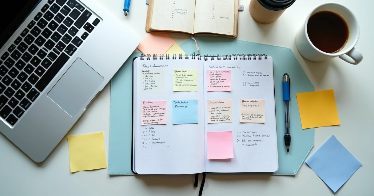 Caderno com anotações emocionais e laptop sobre mesa
