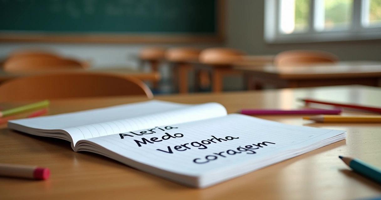 Caderno escolar com palavras emocionais e lápis sobre mesa 