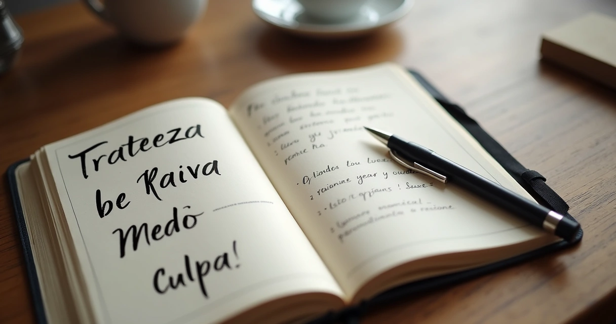 Caderno com palavras emocionais sobre mesa clara