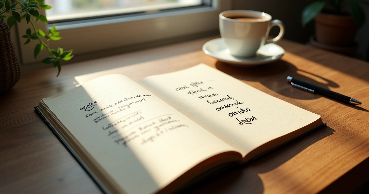 Caderno com anotações emocionais ao lado de café e janela 