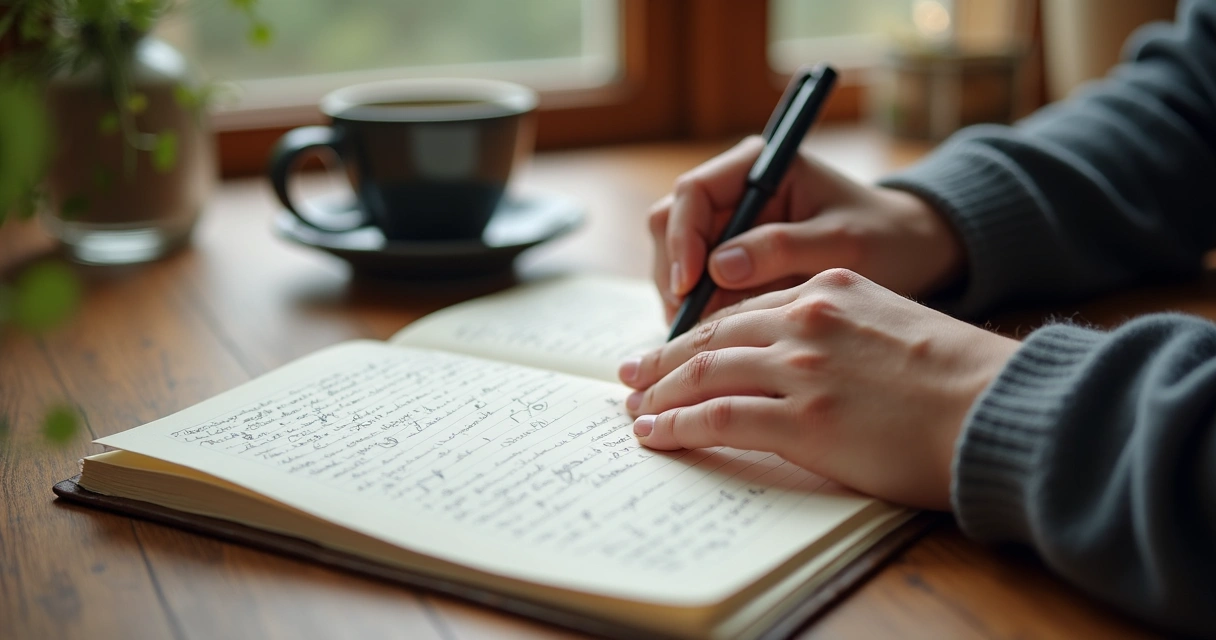 Pessoa escrevendo reflexões em um caderno.