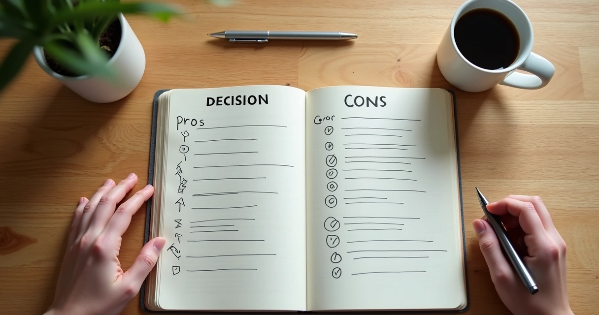 Caderno com lista de decisões e pessoa refletindo à mesa 