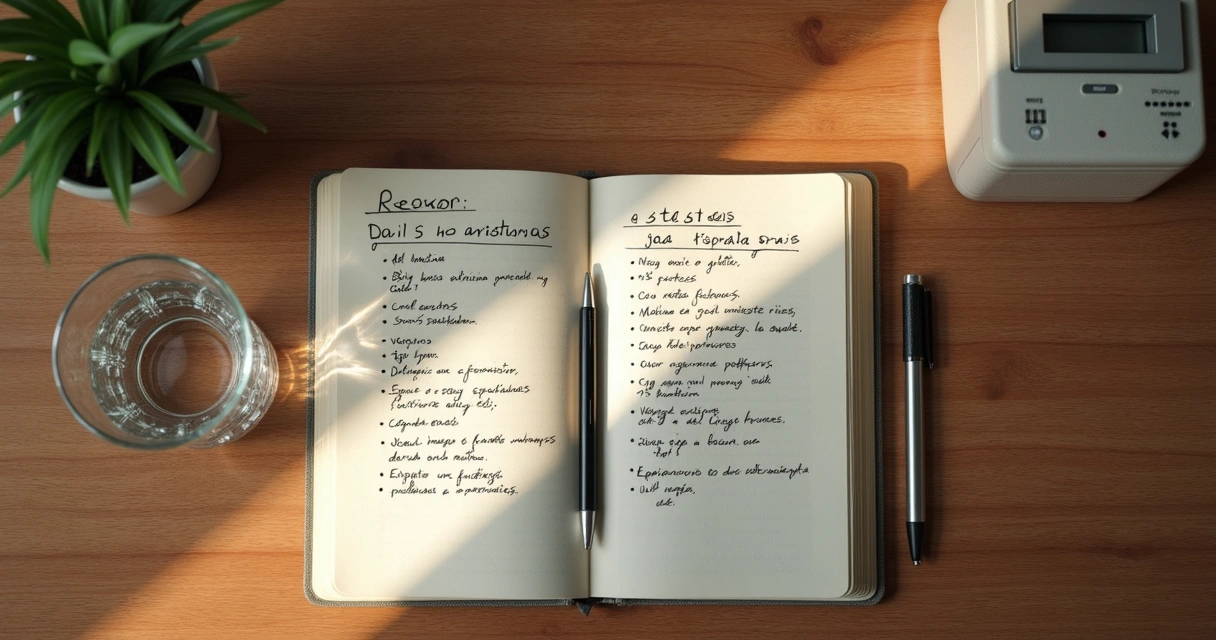 Caderno aberto com lista de escolhas diárias e caneta sobre a mesa 