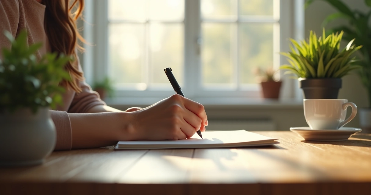 Pessoa escrevendo em caderno em ambiente calmo 
