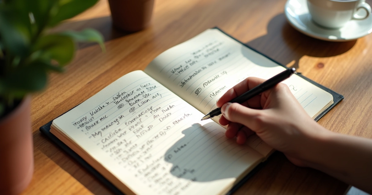 Caderno aberto com caneta e anotações espontâneas em uma mesa de madeira clara, luz natural suave