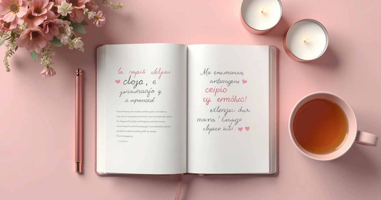 Caderno aberto com anotações sobre emoções e autoconhecimento ao lado de caneta rosé 