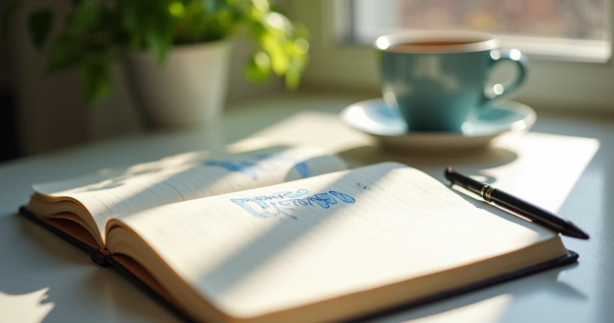 Caderno aberto com escrita matinal e caneta ao lado 