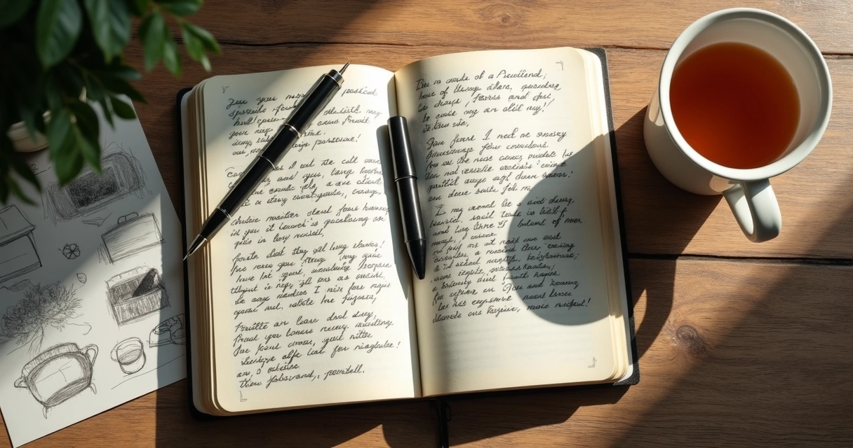 Caderno aberto, caneta ao lado e folhas com rascunhos de pensamentos e reflexões 