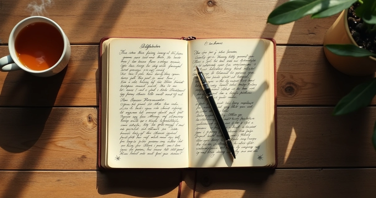 Caderno aberto com anotações ao lado de uma xícara de chá em mesa de madeira 