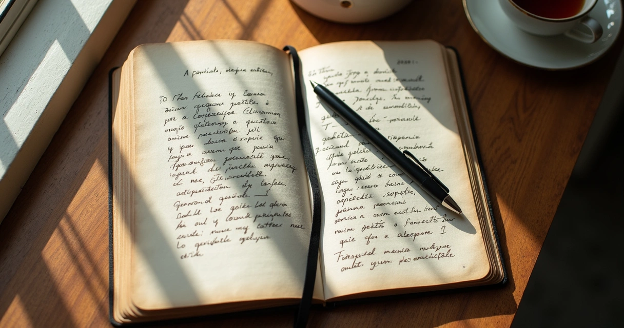 Caderno aberto com escrita reflexiva e caneta sobre mesa de madeira