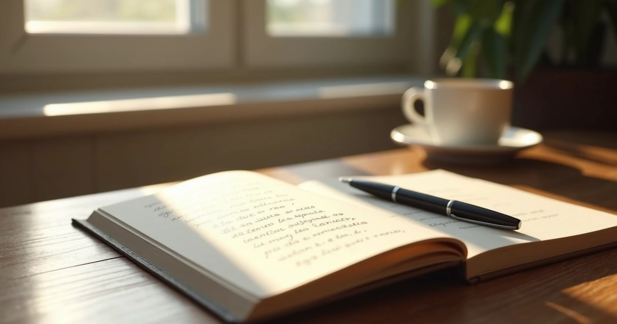 Caderno aberto com caneta ao lado de uma janela iluminada 
