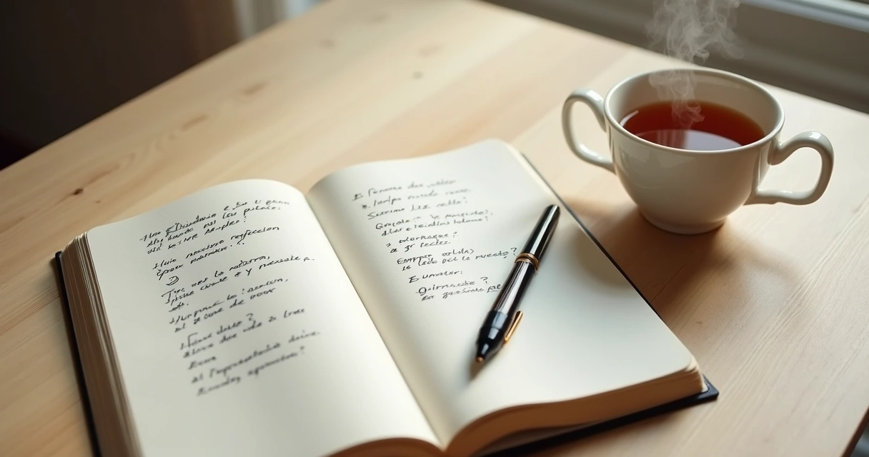 Caderno com anotações e xícara ao lado em mesa clara
