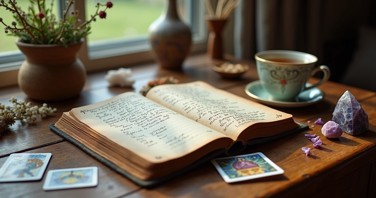 Diário esotérico aberto com anotações e cartas do tarot ao lado. 