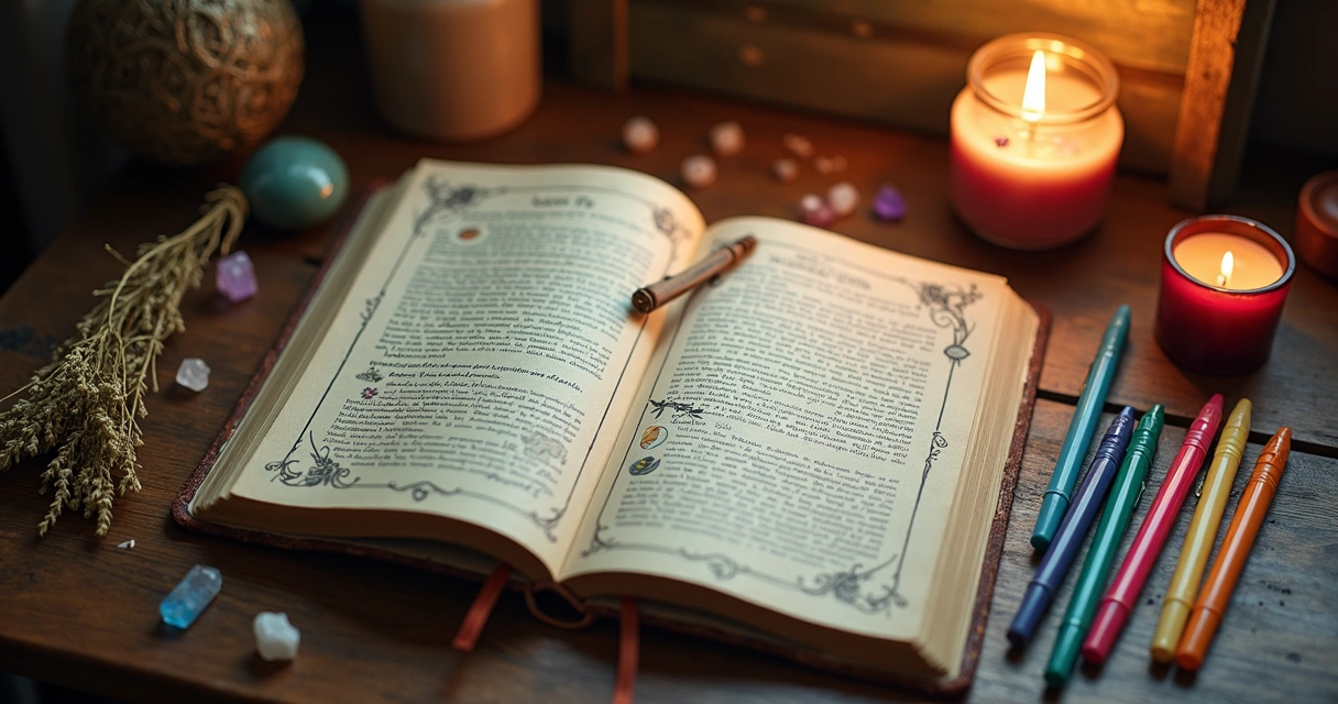 Caderno decorado sobre uma mesa com canetas coloridas e cristais 