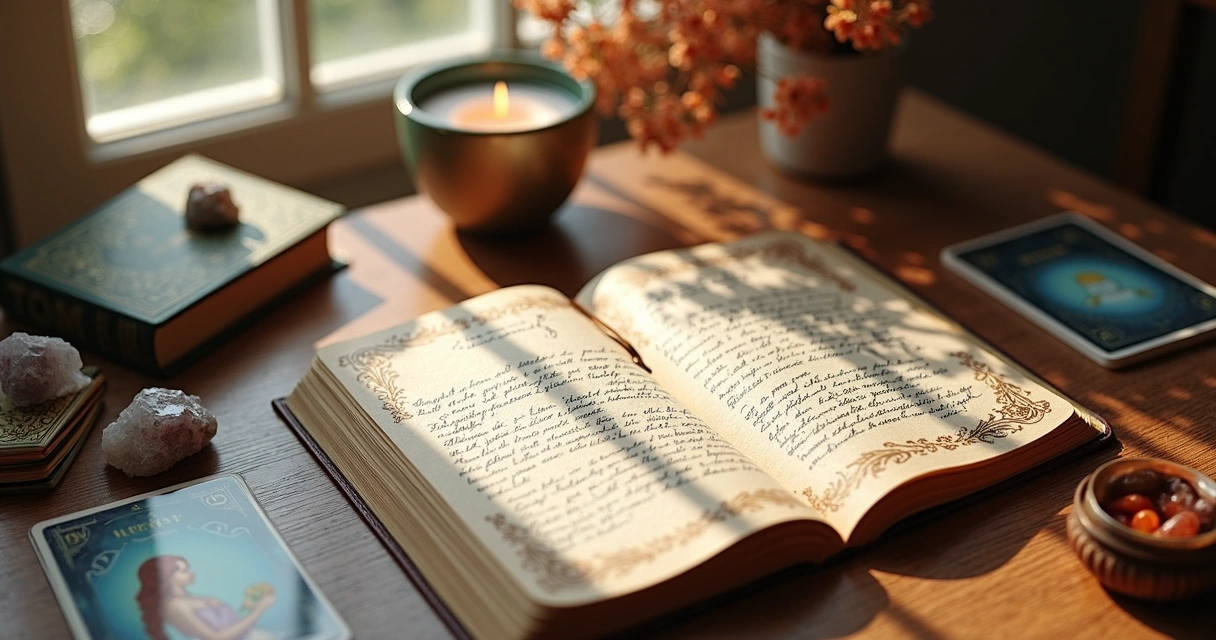 Mão escrevendo em caderno com itens espirituais ao lado 