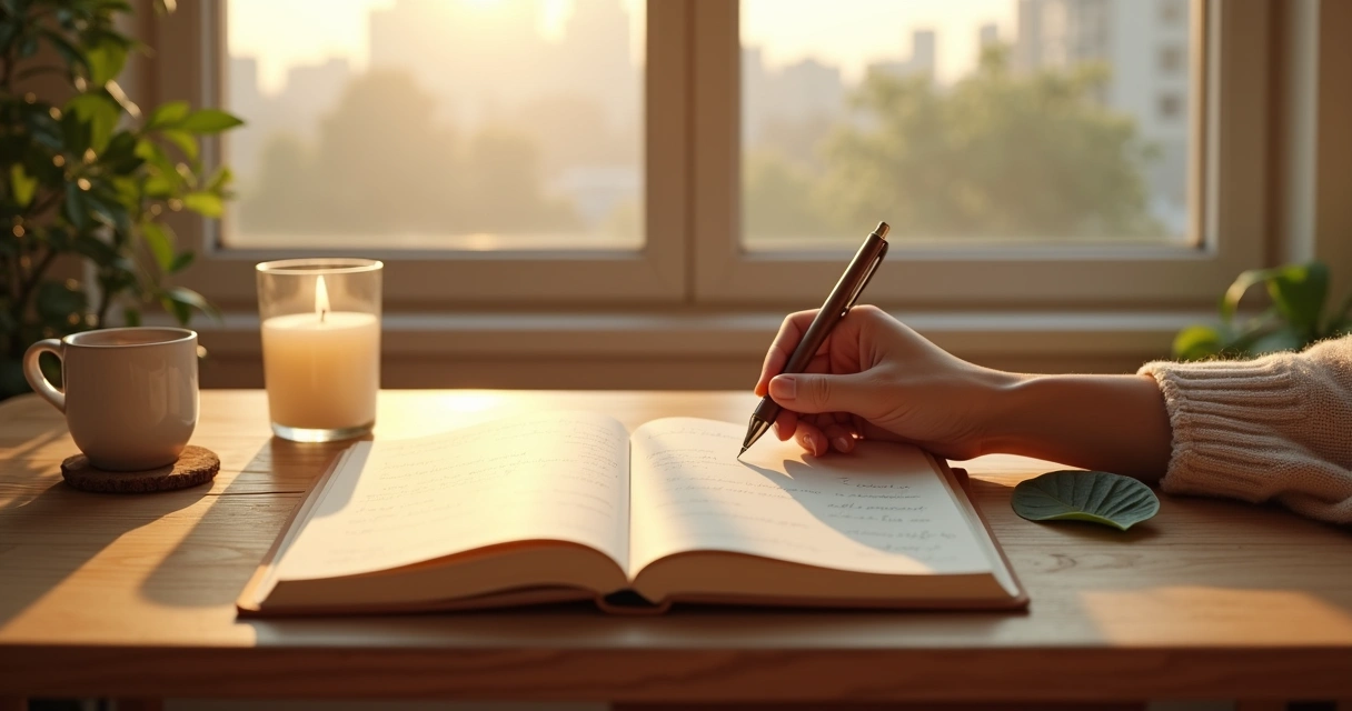Pessoa escrevendo em caderno aberto diante de janela com luz suave e elementos simbólicos discretos 