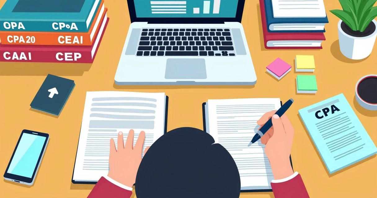 Pessoa estudando com caderno aberto e simulados na tela do notebook 