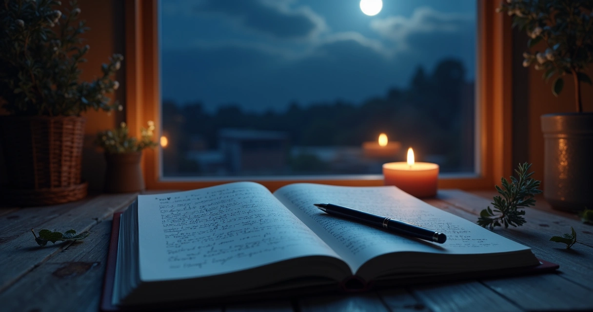 Caderno com anotações ao lado da lua cheia