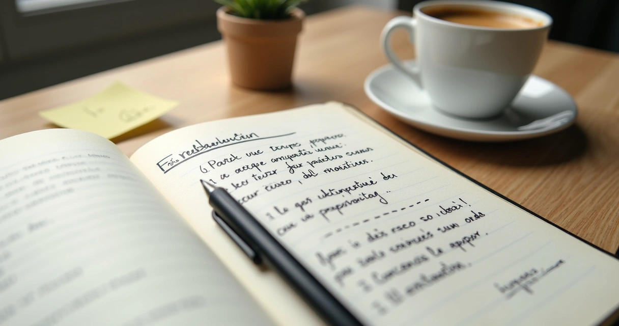 Caderno aberto com anotações de feedback e caneta sobre mesa clara 