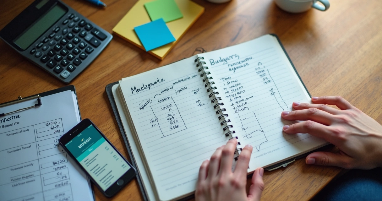 Caderno financeiro com anotações e mãos sobre a mesa 