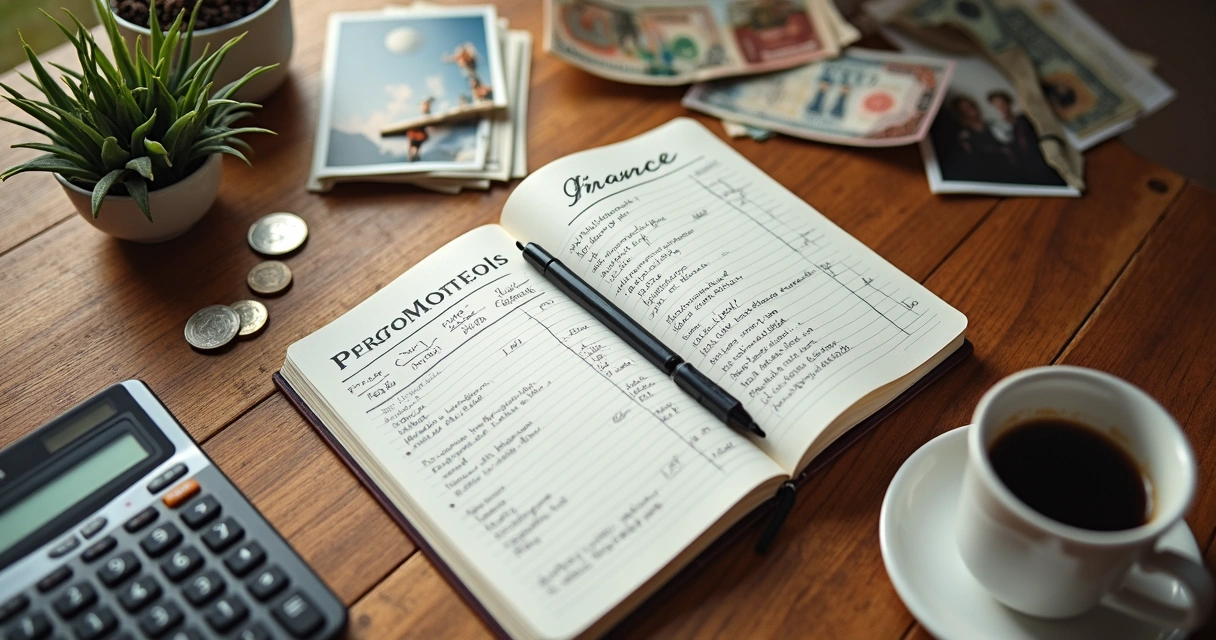 Caderno de finanças ao lado de fotos de família e calculadora 