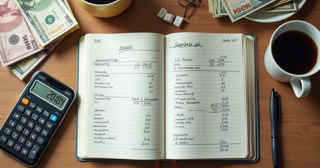 Caderno financeiro aberto com contas, calculadora e café na mesa