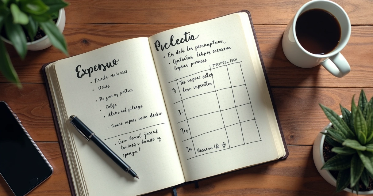 Caderno com anotações financeiras e café sobre a mesa 