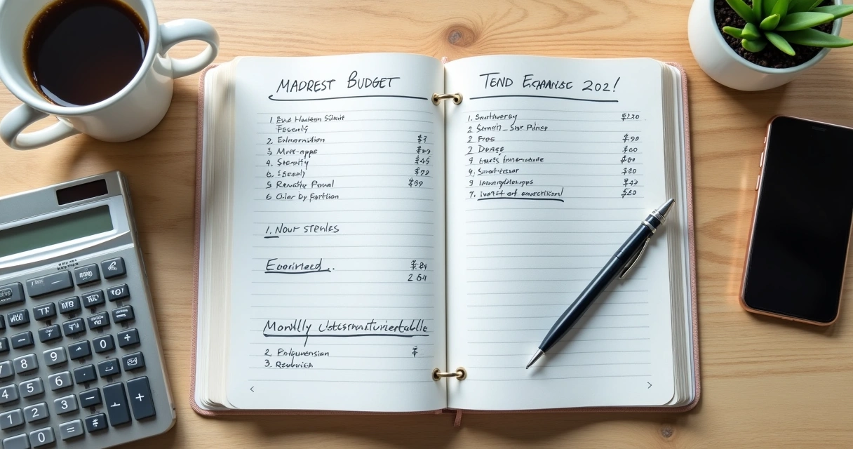 Caderno de finanças com café e anotações em mesa clara 