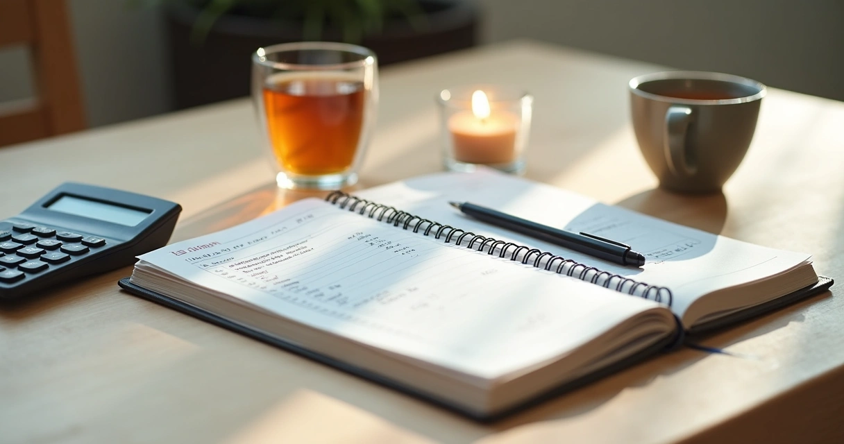 Caderno financeiro ao lado de vela e xícara em mesa clara