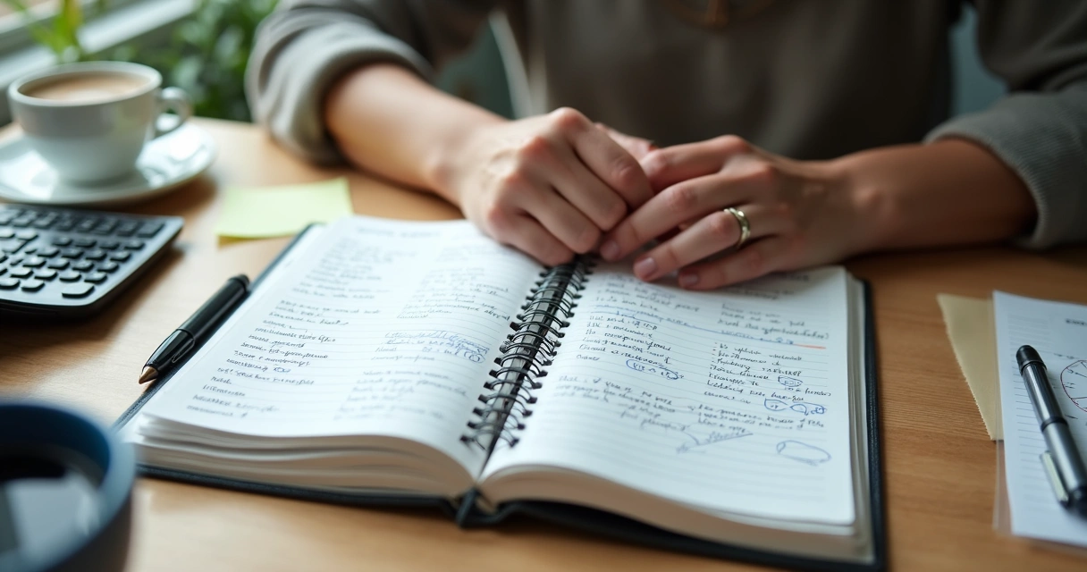 Caderno com anotações financeiras e pessoa refletindo à mesa 