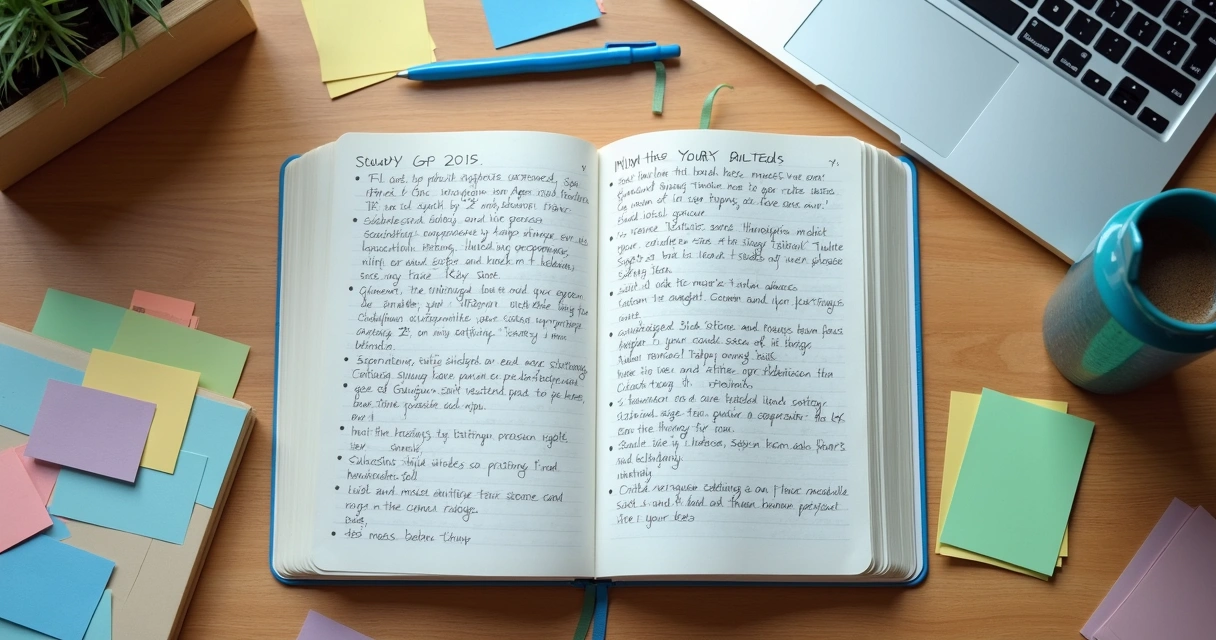 Caderno aberto, flashcards coloridos e caneta ao lado de notebook 