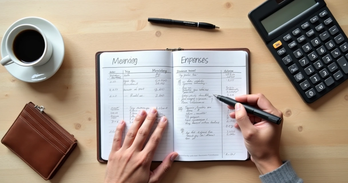 Caderno de gastos, carteira e café sobre mesa clara 