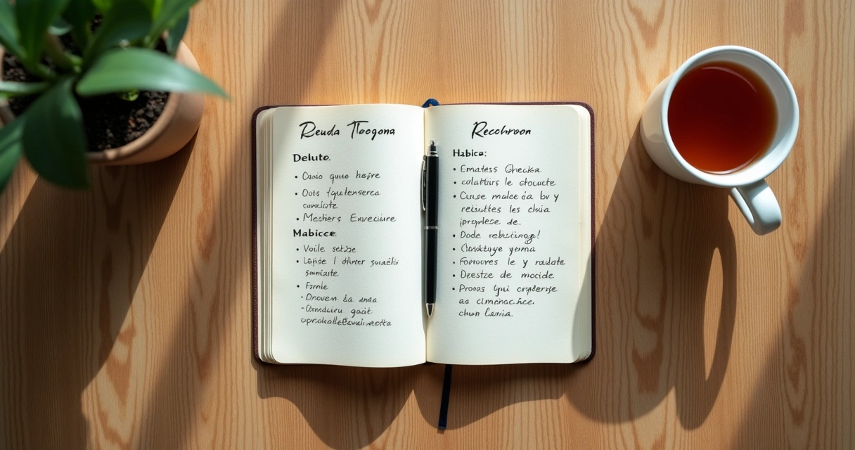 Caderno aberto com anotações sobre gatilhos e uma xícara de chá 