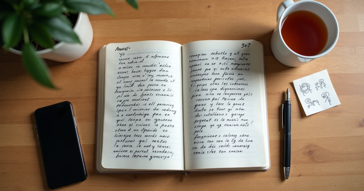 Caderno com anotações emocionais e xícara sobre mesa