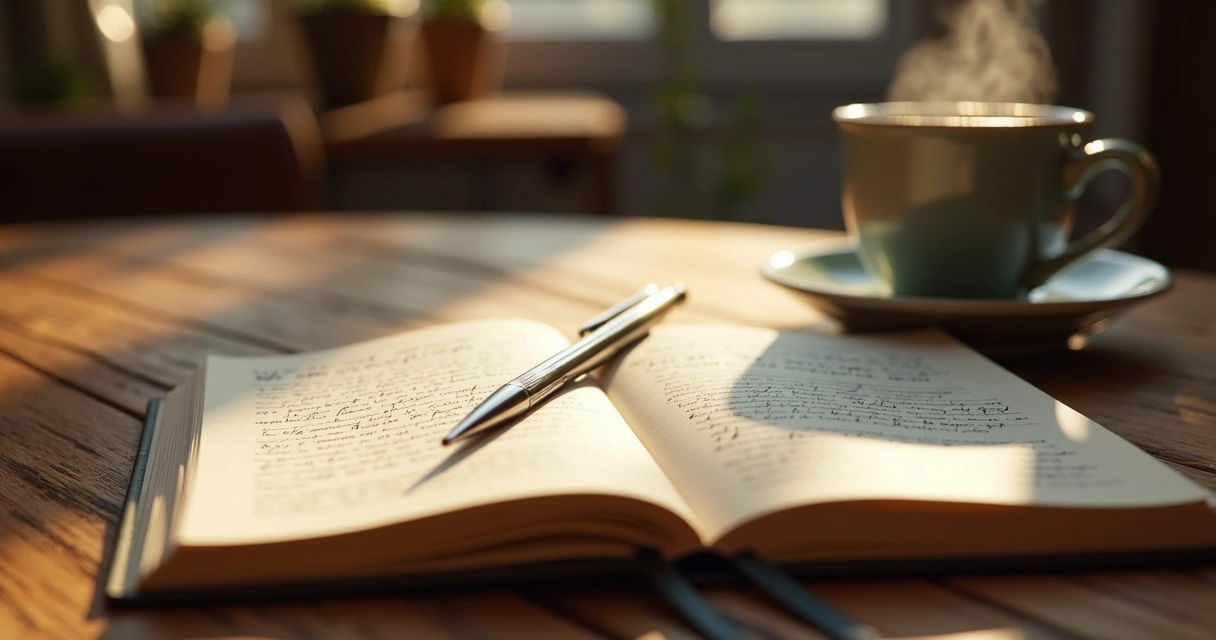 Caderno de gratidão com caneta ao lado de caneca 