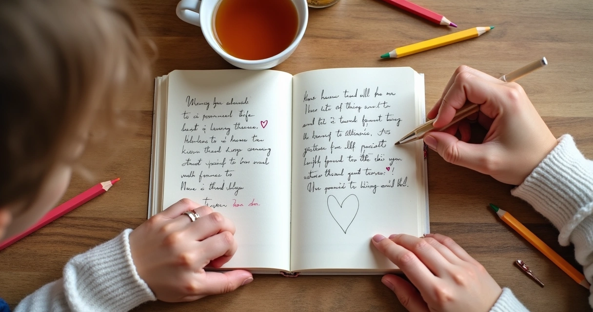 Caderno de gratidão com mãos da família