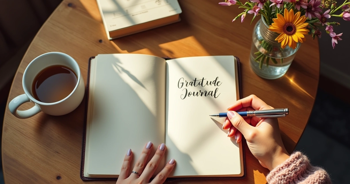 Caderno de gratidão com mão escrevendo e luz suave da manhã. 