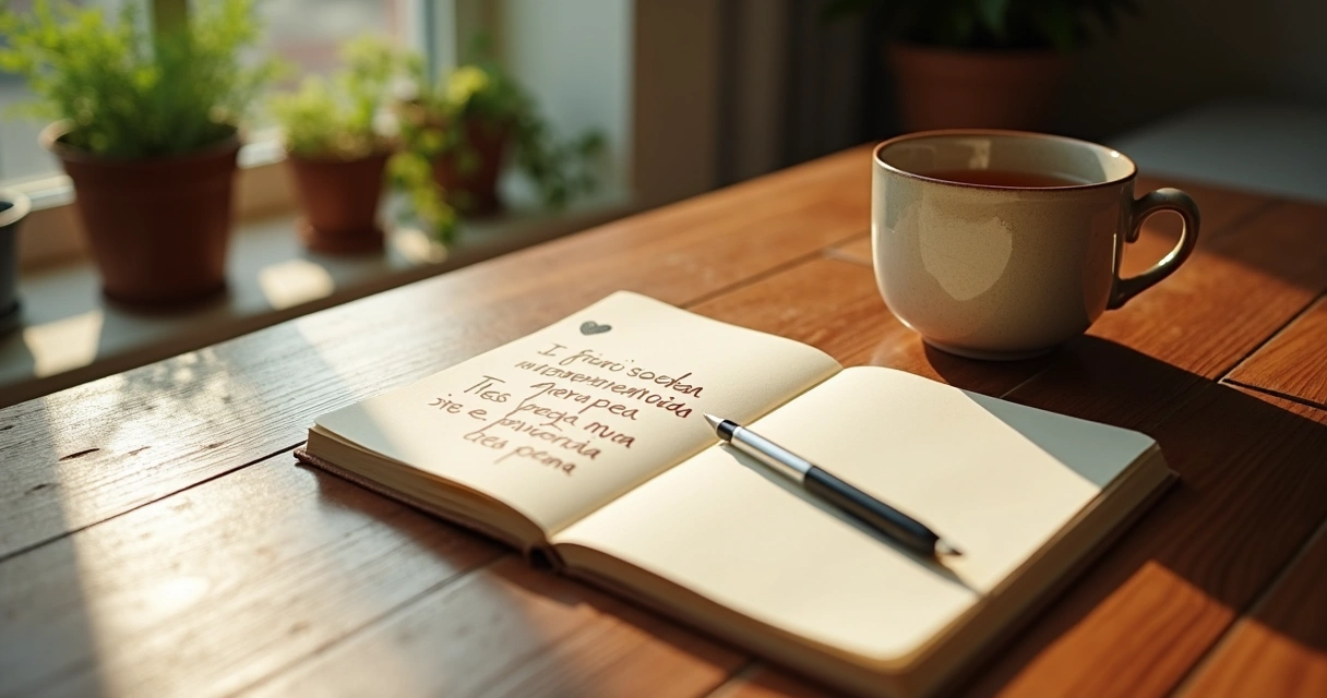 Caderno de gratidão aberto sobre mesa com chá e luz suave 
