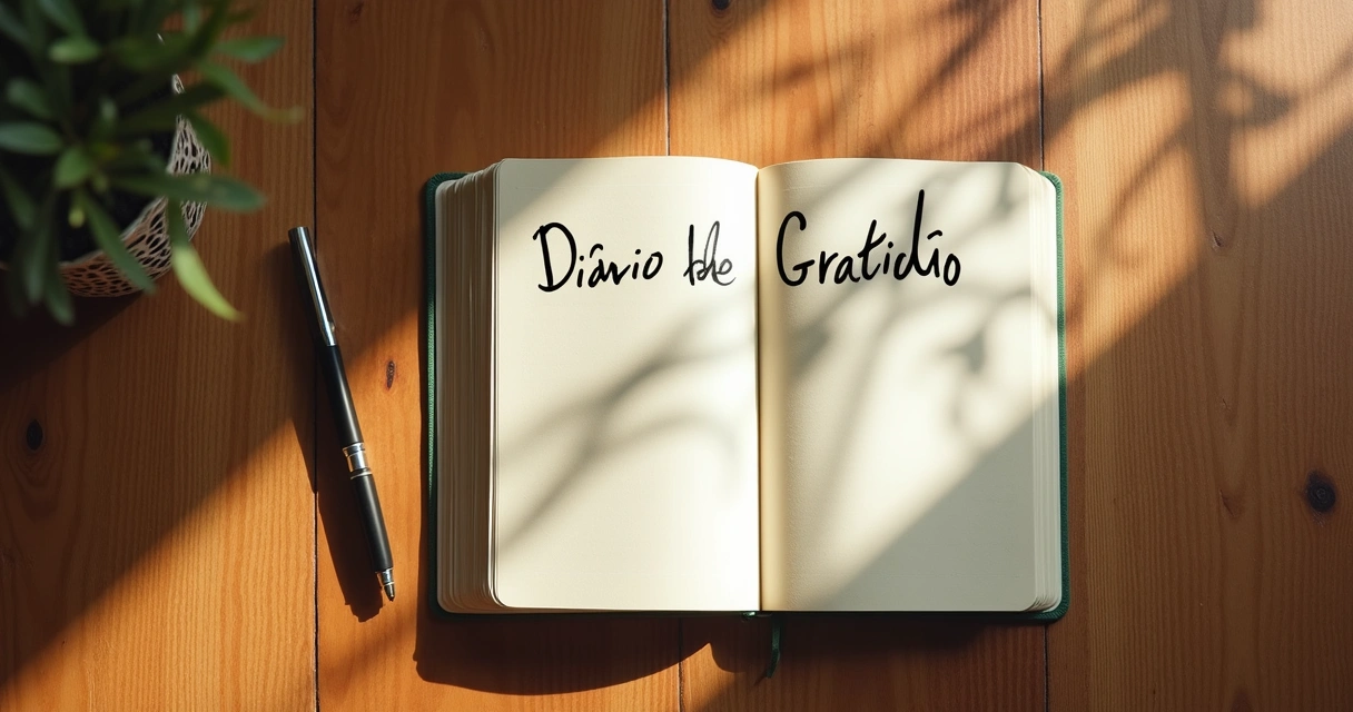 Diário de gratidão sobre uma mesa de madeira com caneta ao lado 